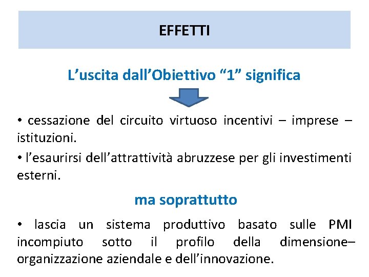 EFFETTI L’uscita dall’Obiettivo “ 1” significa • cessazione del circuito virtuoso incentivi – imprese EFFETTI L’uscita dall’Obiettivo “ 1” significa • cessazione del circuito virtuoso incentivi – imprese