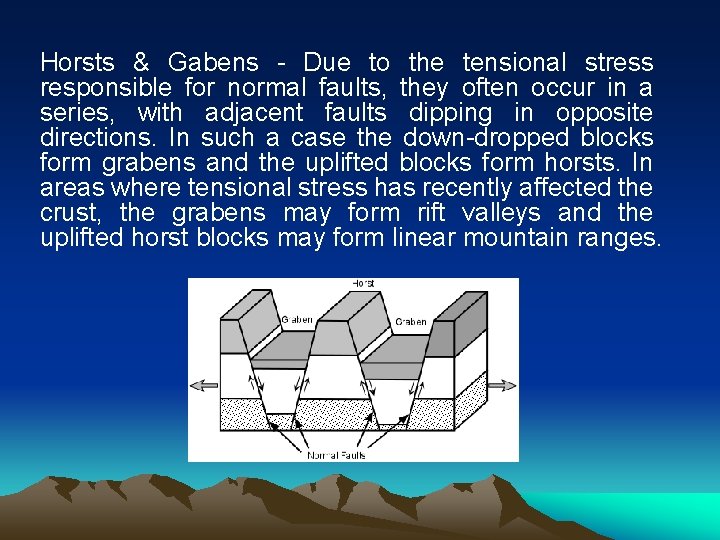 Horsts & Gabens - Due to the tensional stress responsible for normal faults, they