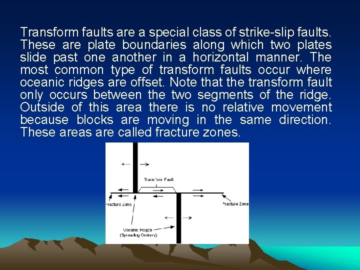 Transform faults are a special class of strike-slip faults. These are plate boundaries along