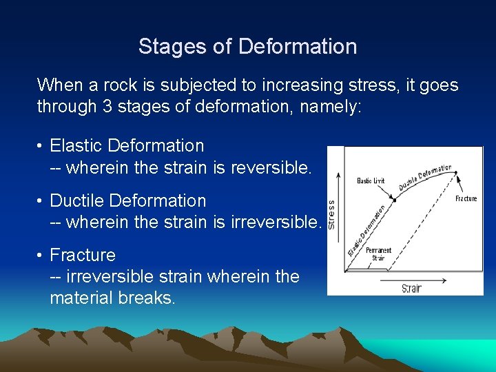 Stages of Deformation When a rock is subjected to increasing stress, it goes through