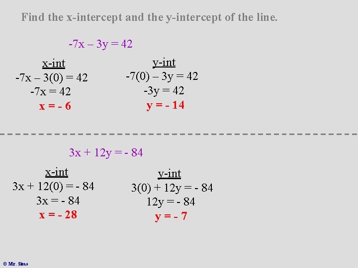 Find the x-intercept and the y-intercept of the line. -7 x – 3 y