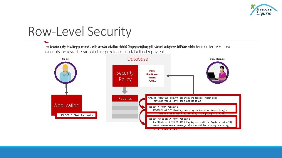 Row-Level Security Due Tre Uno Gestore L’utente La «Security delle (es. Policy» l’infermiera) policy