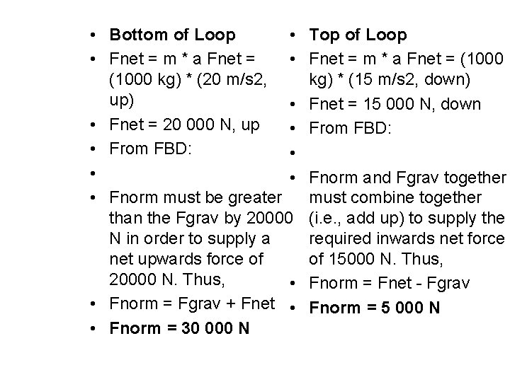  • Bottom of Loop • • Fnet = m * a Fnet =