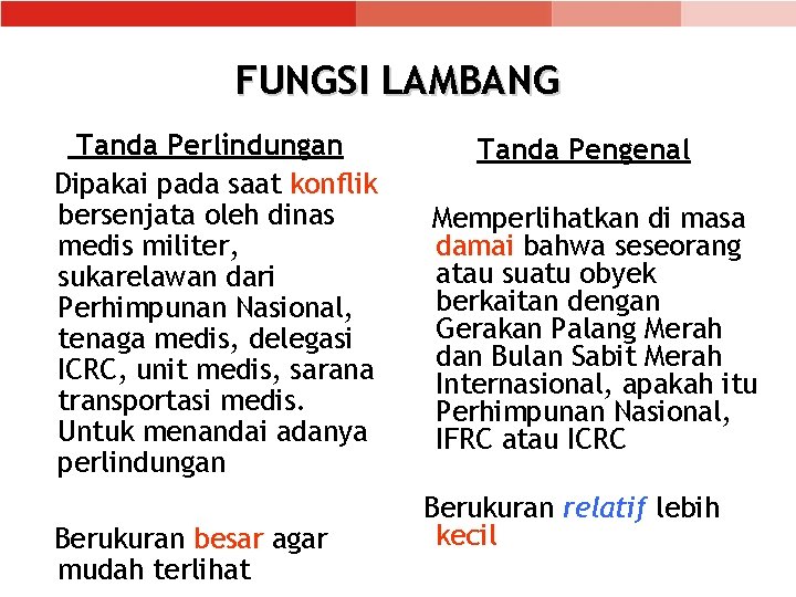 FUNGSI LAMBANG Tanda Perlindungan Dipakai pada saat konflik bersenjata oleh dinas medis militer, sukarelawan