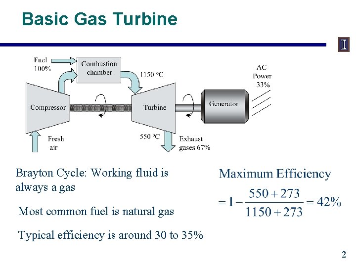 Basic Gas Turbine Brayton Cycle: Working fluid is always a gas Most common fuel
