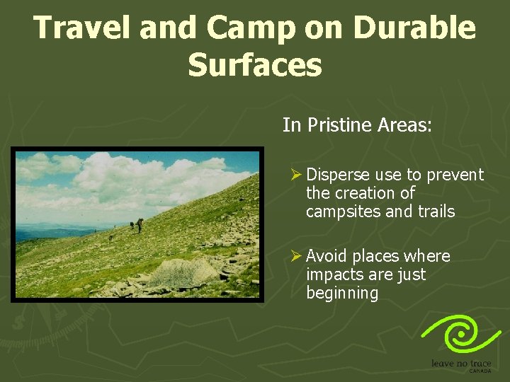 Travel and Camp on Durable Surfaces In Pristine Areas: Ø Disperse use to prevent