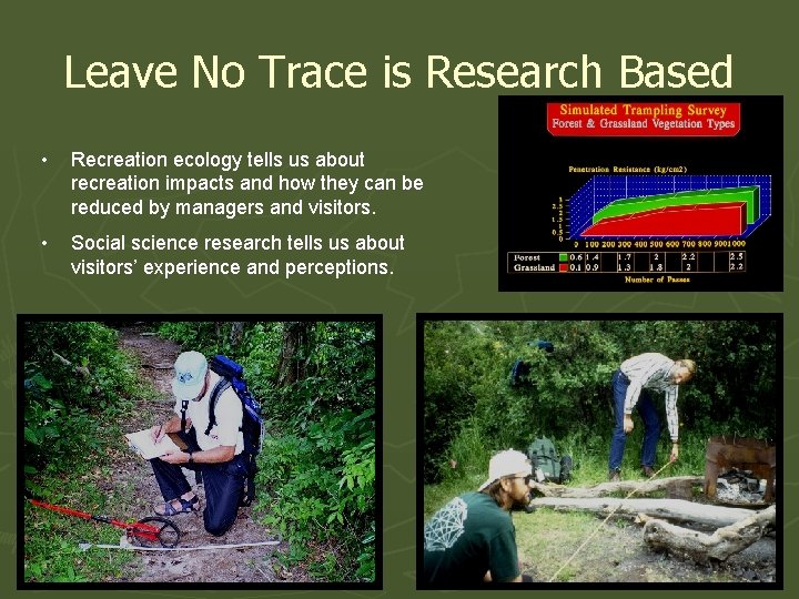 Leave No Trace is Research Based • Recreation ecology tells us about recreation impacts