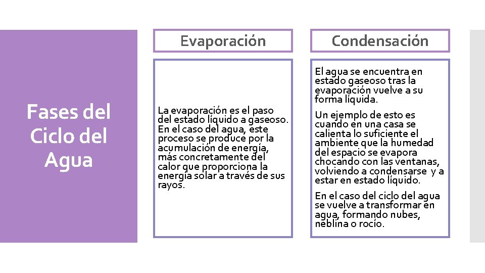 Fases del Ciclo del Agua Evaporación Condensación La evaporación es el paso del estado