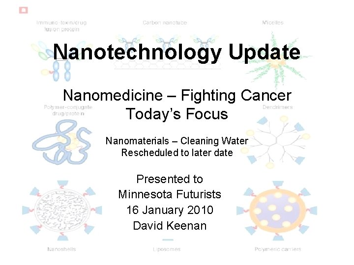 Nanotechnology Update Nanomedicine – Fighting Cancer Today’s Focus Nanomaterials – Cleaning Water Rescheduled to