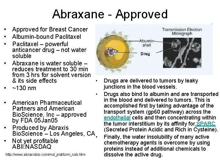 Abraxane - Approved • Approved for Breast Cancer • Albumin-bound Paclitaxel • Paclitaxel –
