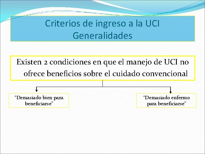 Criterios de ingreso a la UCI Generalidades Existen 2 condiciones en que el manejo