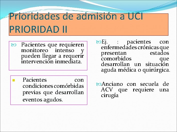 Prioridades de admisión a UCI PRIORIDAD II Pacientes que requieren monitoreo intenso y pueden