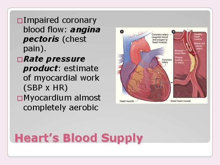 �Impaired coronary blood flow: angina pectoris (chest pain). �Rate pressure product: estimate of myocardial