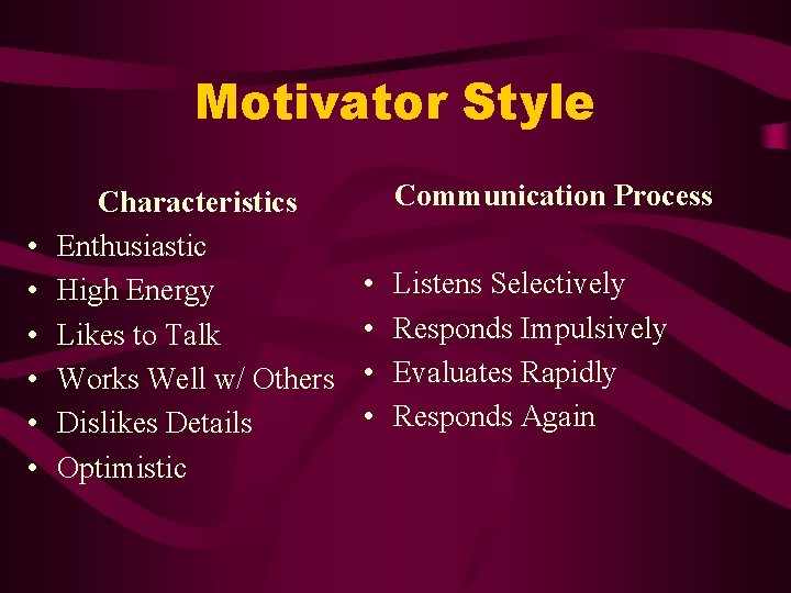 Motivator Style • • • Characteristics Enthusiastic High Energy Likes to Talk Works Well