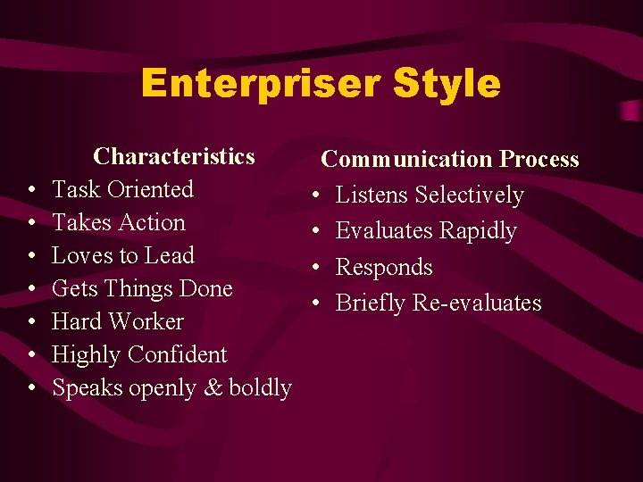Enterpriser Style • • Characteristics Task Oriented Takes Action Loves to Lead Gets Things