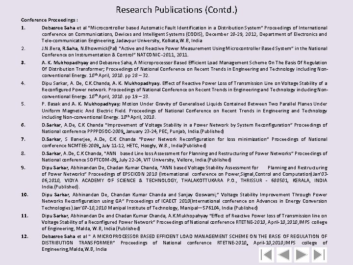 Research Publications (Contd. ) Conference Proceedings : 1. Debasree Saha et al “Microcontroller based