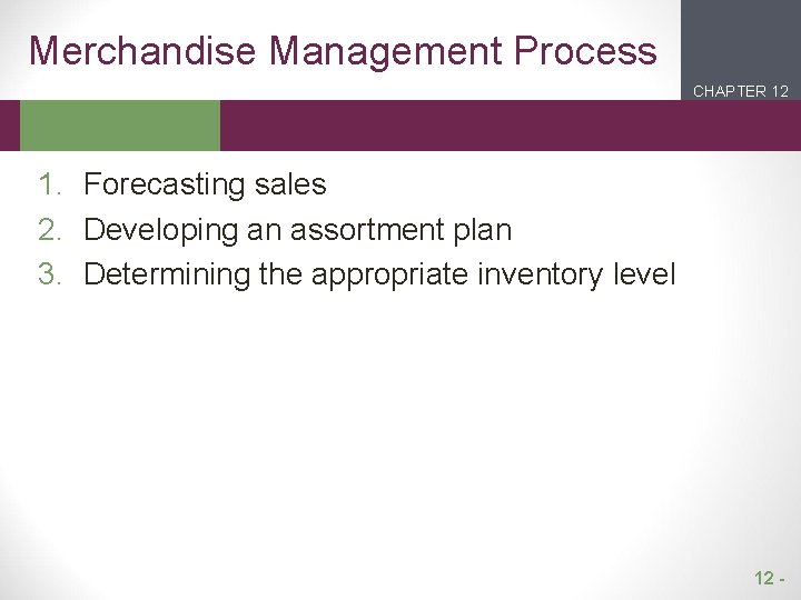 Merchandise Management Process CHAPTER 12 2 1 1. Forecasting sales 2. Developing an assortment
