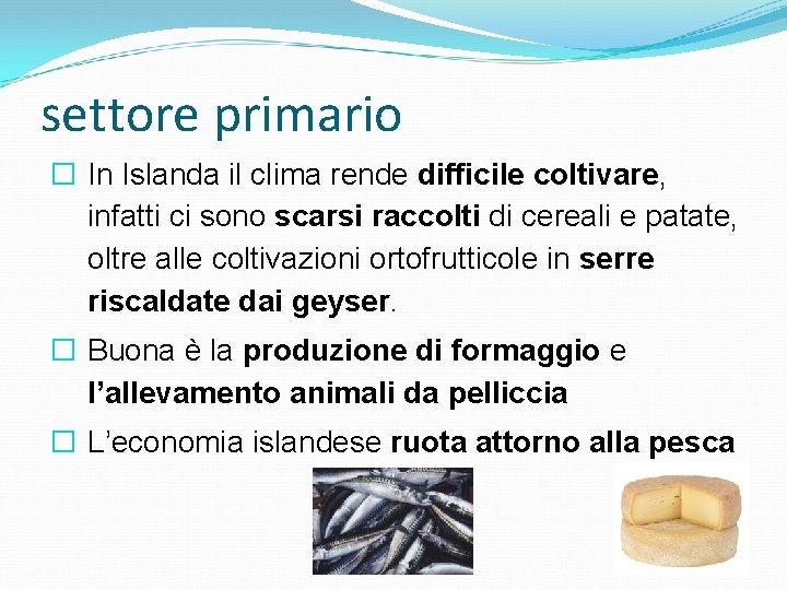 settore primario � In Islanda il clima rende difficile coltivare, infatti ci sono scarsi