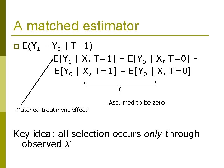 A matched estimator p E(Y 1 – Y 0 | T=1) = E[Y 1