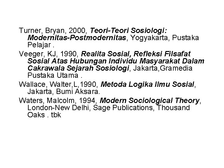 Turner, Bryan, 2000, Teori-Teori Sosiologi: Modernitas-Postmodernitas, Yogyakarta, Pustaka Pelajar. Veeger, KJ, 1990, Realita Sosial,