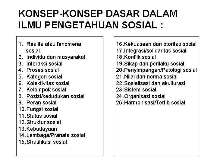 KONSEP-KONSEP DASAR DALAM ILMU PENGETAHUAN SOSIAL : 1. Realita atau fenomena sosial 2. Individu