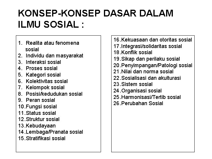 KONSEP-KONSEP DASAR DALAM ILMU SOSIAL : 1. Realita atau fenomena sosial 2. Individu dan