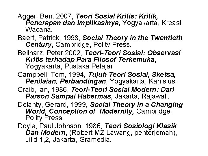 Agger, Ben, 2007, Teori Sosial Kritis: Kritik, Penerapan dan Implikasinya, Yogyakarta, Kreasi Wacana. Baert,