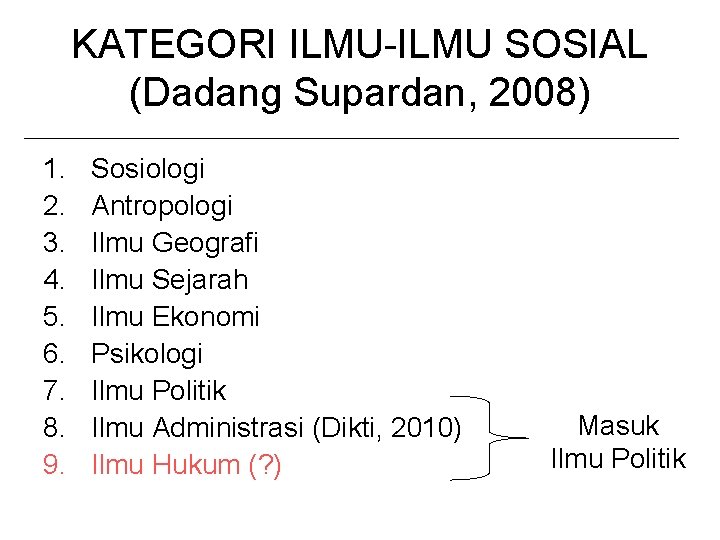 KATEGORI ILMU-ILMU SOSIAL (Dadang Supardan, 2008) 1. 2. 3. 4. 5. 6. 7. 8.