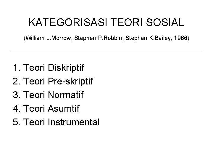 KATEGORISASI TEORI SOSIAL (William L. Morrow, Stephen P. Robbin, Stephen K. Bailey, 1986) 1.