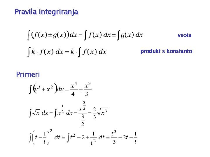 Pravila integriranja vsota produkt s konstanto Primeri 