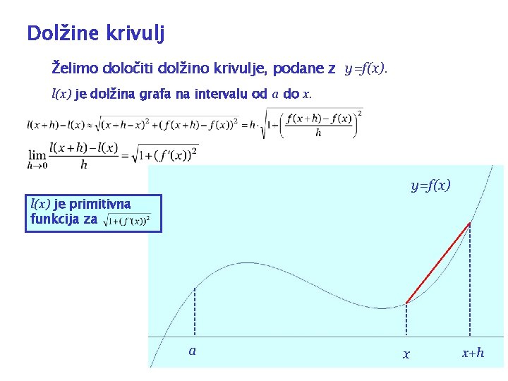 Dolžine krivulj Želimo določiti dolžino krivulje, podane z y=f(x). l(x) je dolžina grafa na