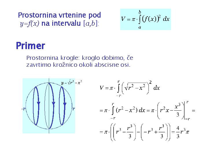 Prostornina vrtenine pod y=f(x) na intervalu [a, b]: Primer Prostornina krogle: kroglo dobimo, če