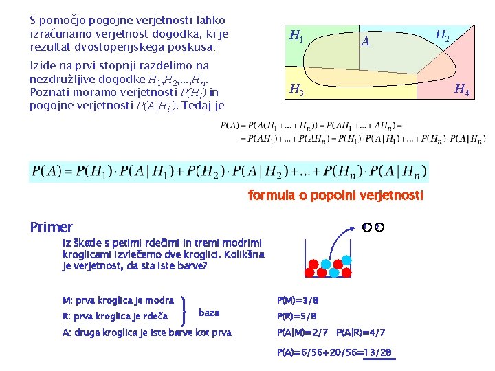 S pomočjo pogojne verjetnosti lahko izračunamo verjetnost dogodka, ki je rezultat dvostopenjskega poskusa: H