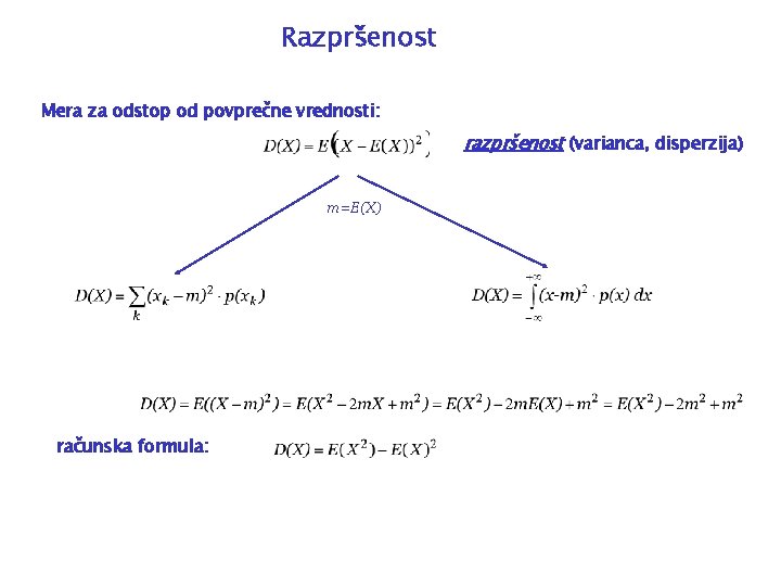 Razpršenost Mera za odstop od povprečne vrednosti: razpršenost (varianca, disperzija) m=E(X) računska formula: 