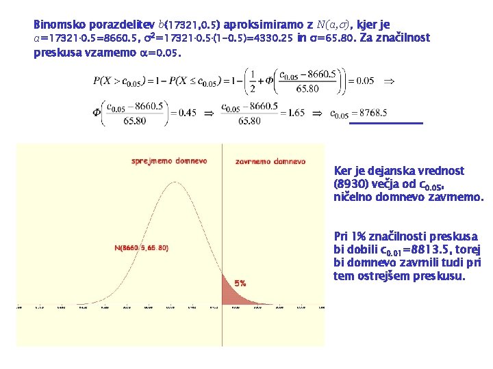 Binomsko porazdelitev b(17321, 0. 5) aproksimiramo z N(a, ), kjer je a=17321. 0. 5=8660.