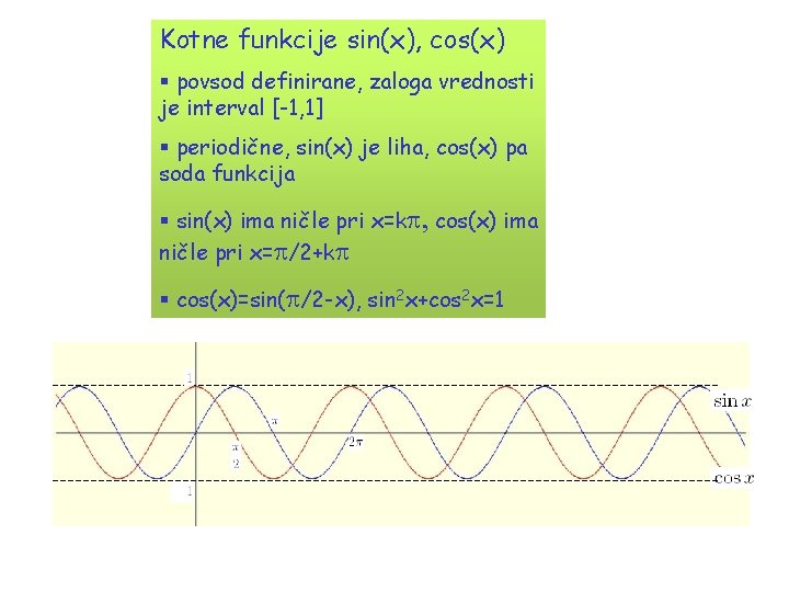 Kotne funkcije sin(x), cos(x) § povsod definirane, zaloga vrednosti je interval [-1, 1] §