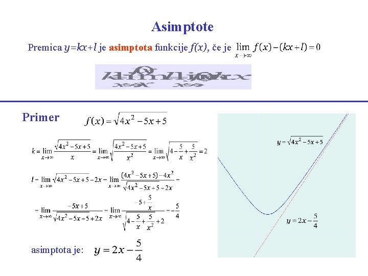 Asimptote Premica y=kx+l je asimptota funkcije f(x), če je Primer asimptota je: 