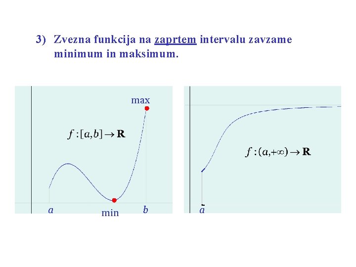 3) Zvezna funkcija na zaprtem intervalu zavzame minimum in maksimum. max a min b
