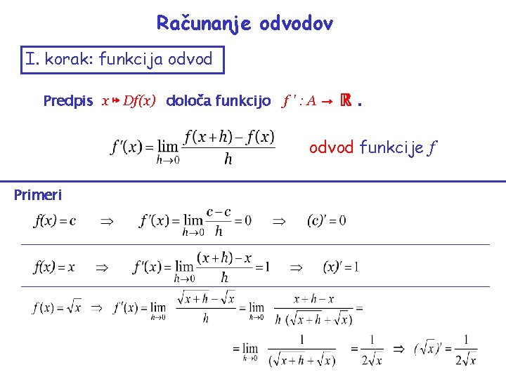 Računanje odvodov I. korak: funkcija odvod Predpis x ↦ Df(x) določa funkcijo f '