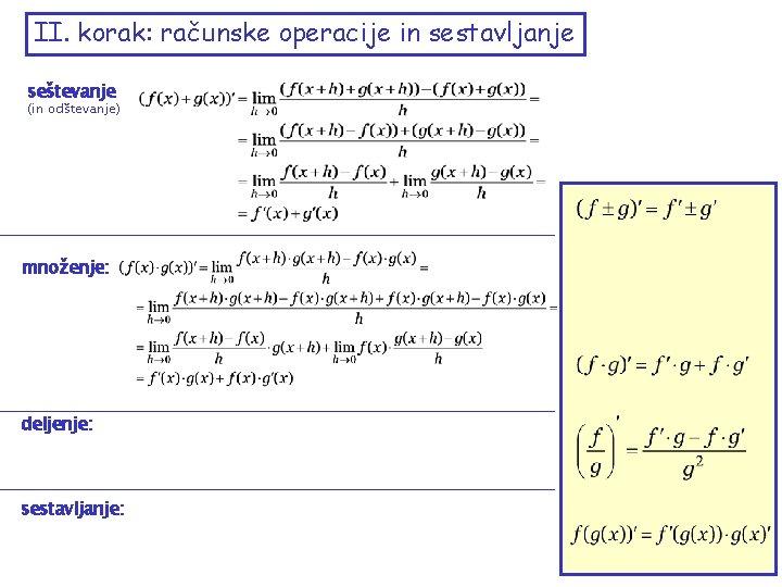 II. korak: računske operacije in sestavljanje seštevanje (in odštevanje) množenje: deljenje: sestavljanje: 