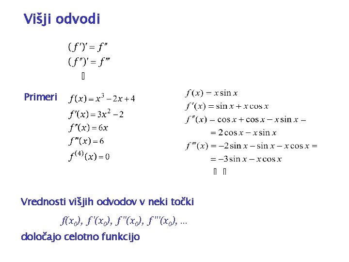 Višji odvodi Primeri Vrednosti višjih odvodov v neki točki f(x 0), f ''(x 0),