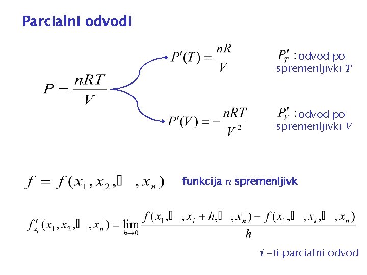 Parcialni odvod po spremenljivki T odvod po spremenljivki V funkcija n spremenljivk i -ti