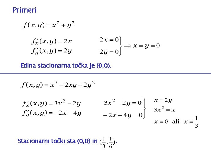 Primeri Edina stacionarna točka je (0, 0). Stacionarni točki sta (0, 0) in .