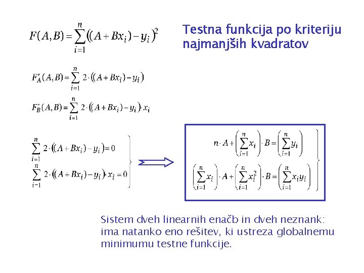 Testna funkcija po kriteriju najmanjših kvadratov Sistem dveh linearnih enačb in dveh neznank: ima