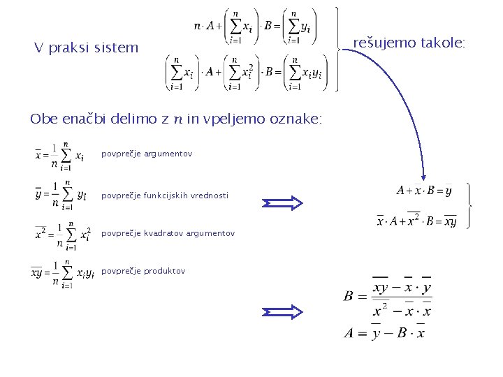 V praksi sistem Obe enačbi delimo z n in vpeljemo oznake: povprečje argumentov povprečje