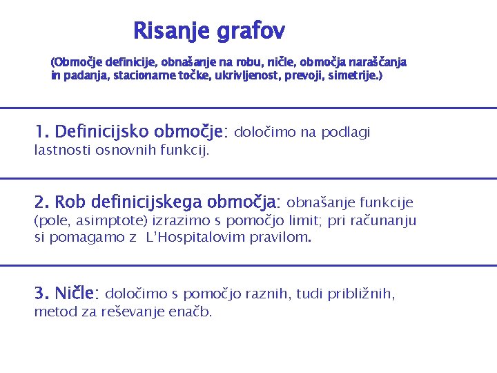 Risanje grafov (Območje definicije, obnašanje na robu, ničle, območja naraščanja in padanja, stacionarne točke,