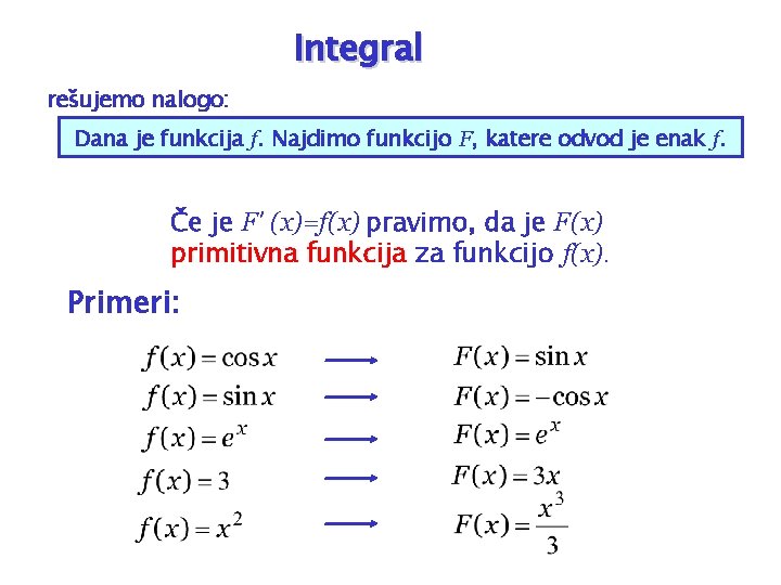 Integral rešujemo nalogo: Dana je funkcija f. Najdimo funkcijo F, katere odvod je enak