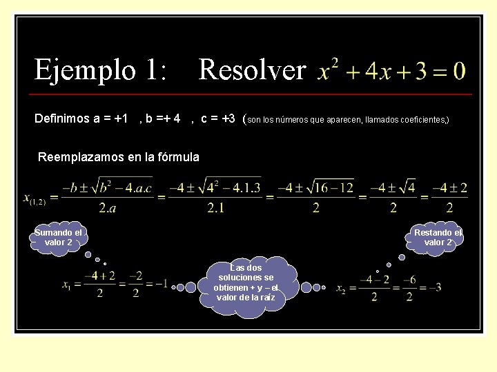 Ejemplo 1: Resolver Definimos a = +1 , b =+ 4 , c =