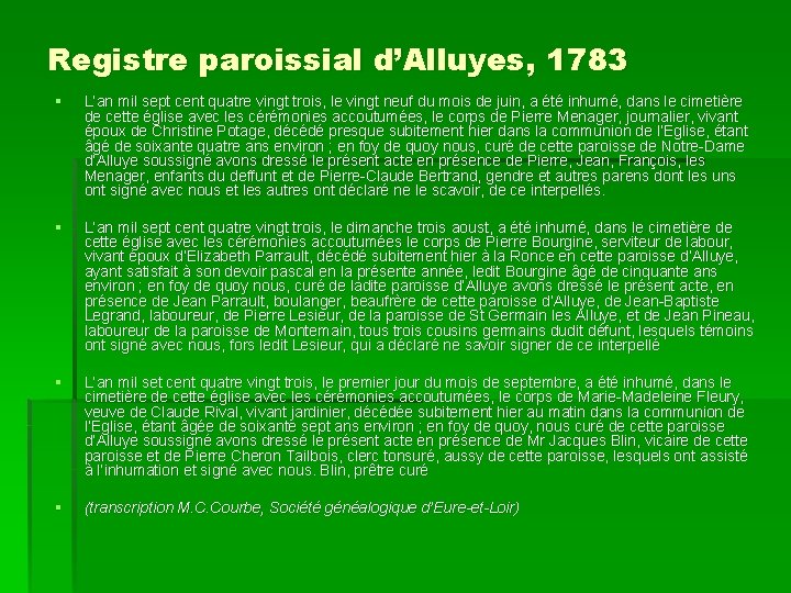 Registre paroissial d’Alluyes, 1783 § L’an mil sept cent quatre vingt trois, le vingt