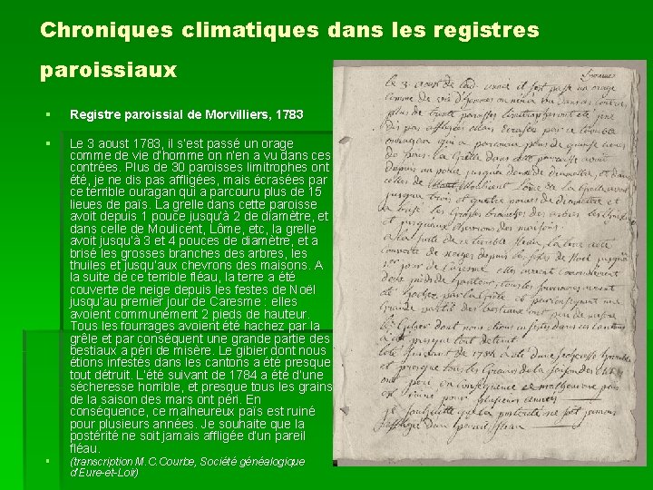 Chroniques climatiques dans les registres paroissiaux § Registre paroissial de Morvilliers, 1783 § Le